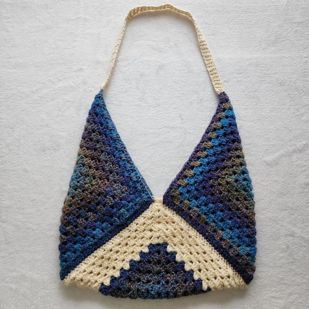 Granny Square Crochet Tote‎ Bag Blue Cream Boho Hippie Festival Handmade Purse